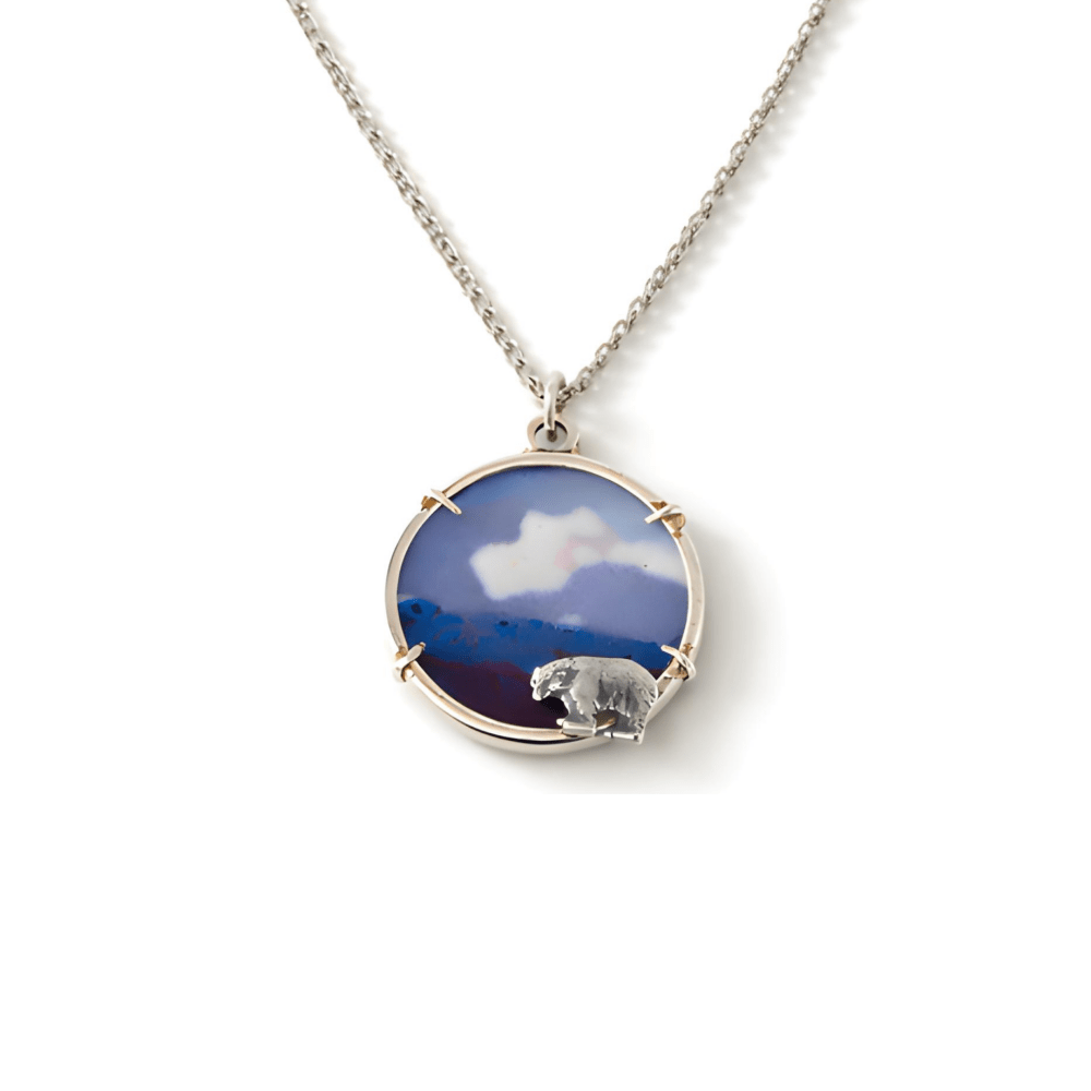 Mountain Pendant Necklace – Blue Enamel Silver Bear Handcrafted Artisan Jewelry - 