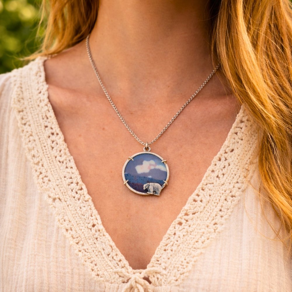Mountain Pendant Necklace – Blue Enamel Silver Bear Handcrafted Artisan Jewelry - 