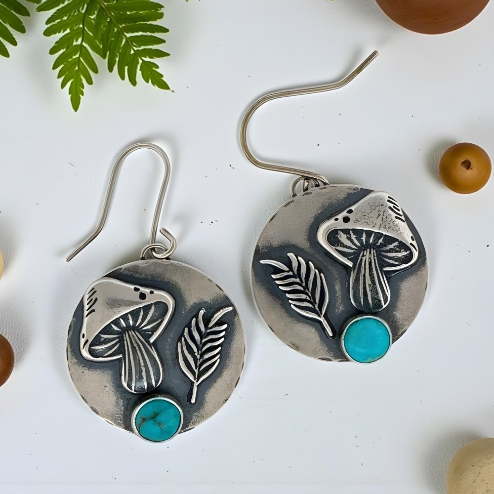 Mushroom Turquoise Forest Silver Earrings - 