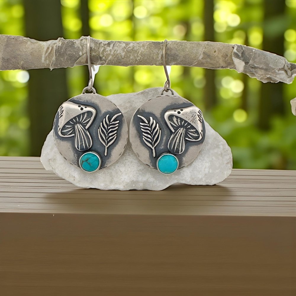 Mushroom Turquoise Forest Silver Earrings - 