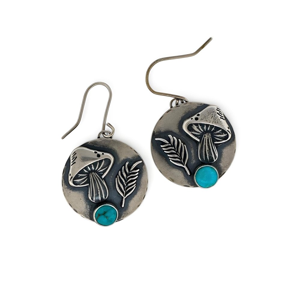 Mushroom Turquoise Forest Silver Earrings - 