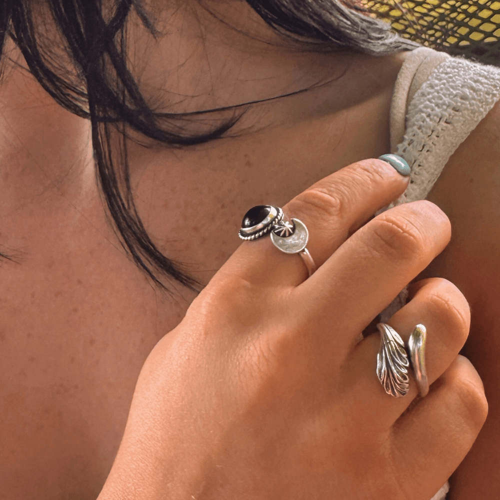 Onyx Moon Adjustable Silver Ring - 