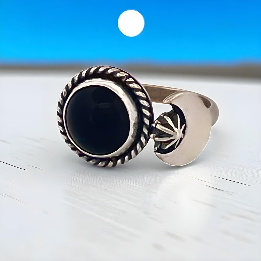 Onyx Moon Adjustable Silver Ring - 