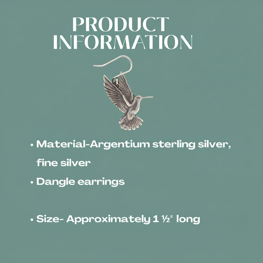 Product information card for a silver hummingbird earring on a teal background.