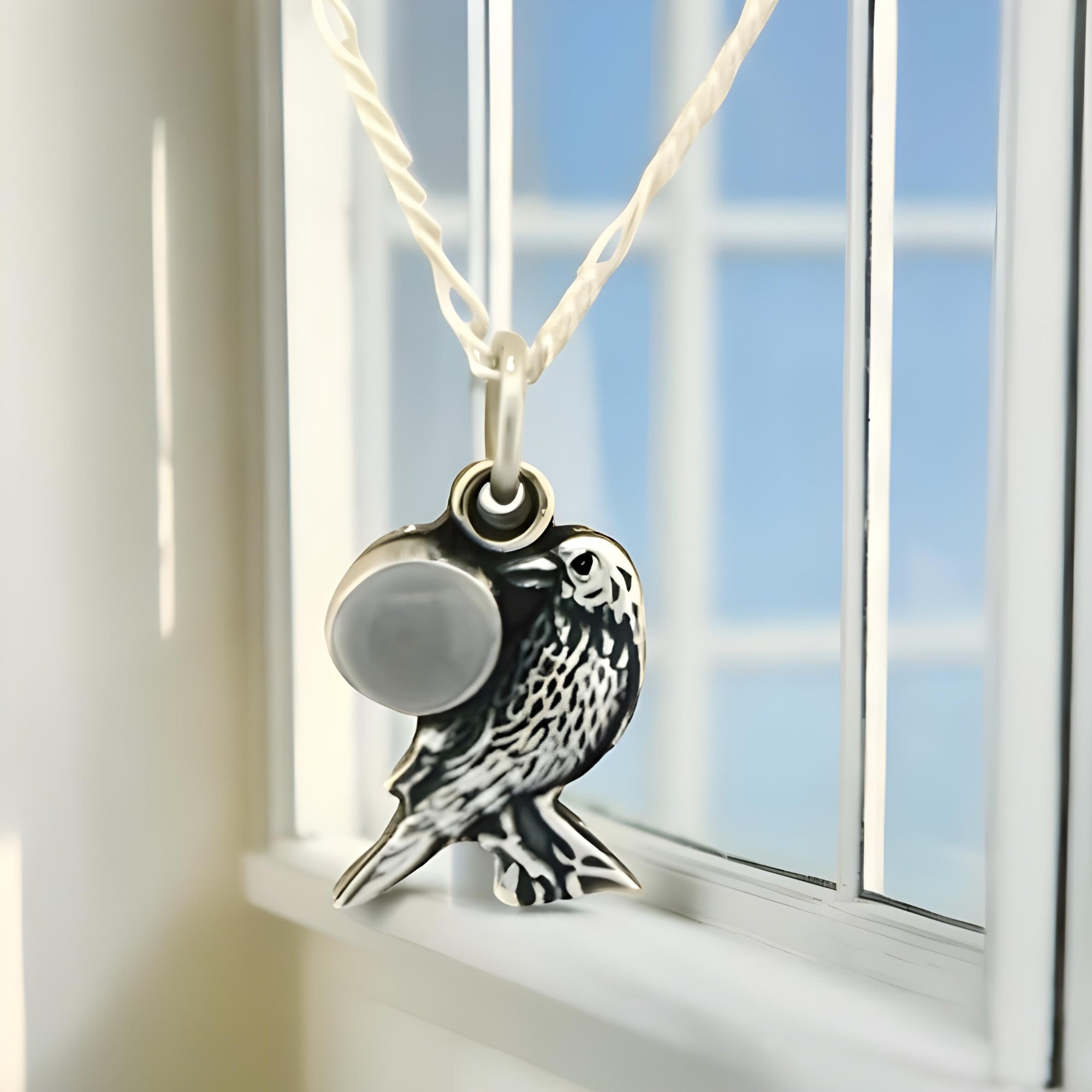 Bird-shaped pendant on a chain against a window background