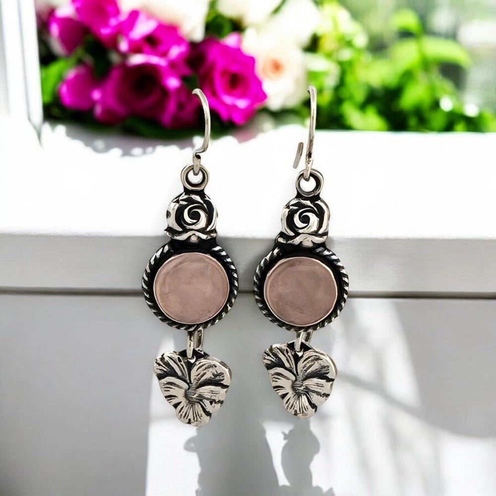 Rose Quartz Flower Silver Earrings - 