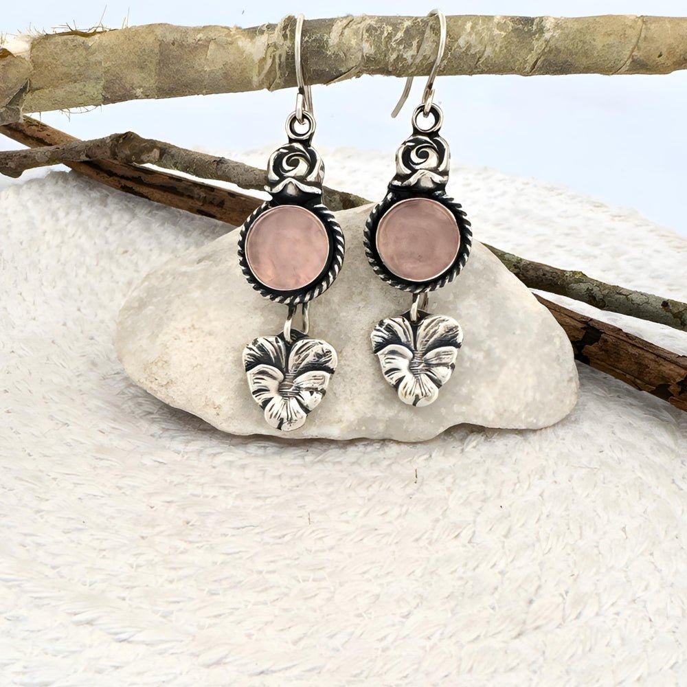 Rose Quartz Flower Silver Earrings - 