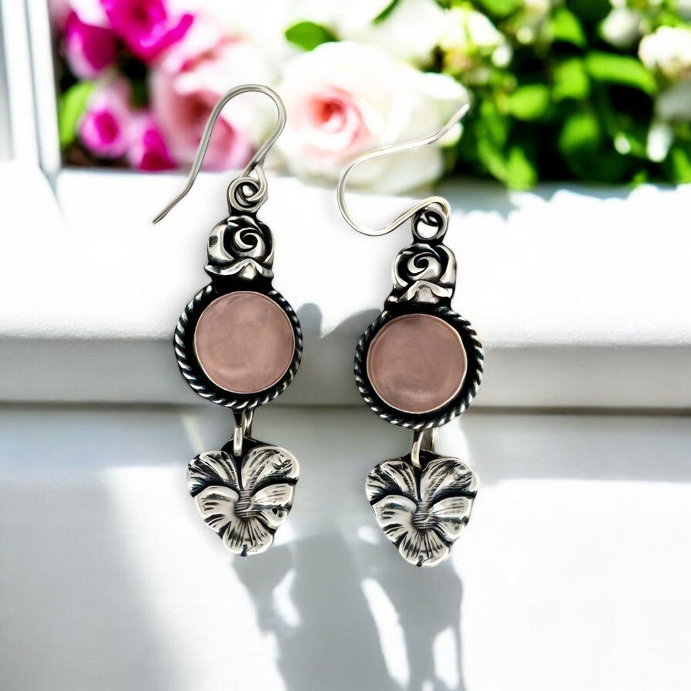 Rose Quartz Flower Silver Earrings - 