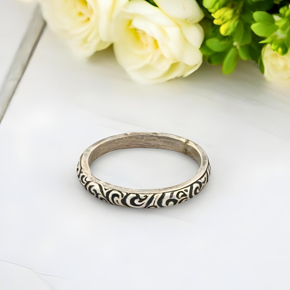 Scroll Work Silver Band Stacking Ring - 