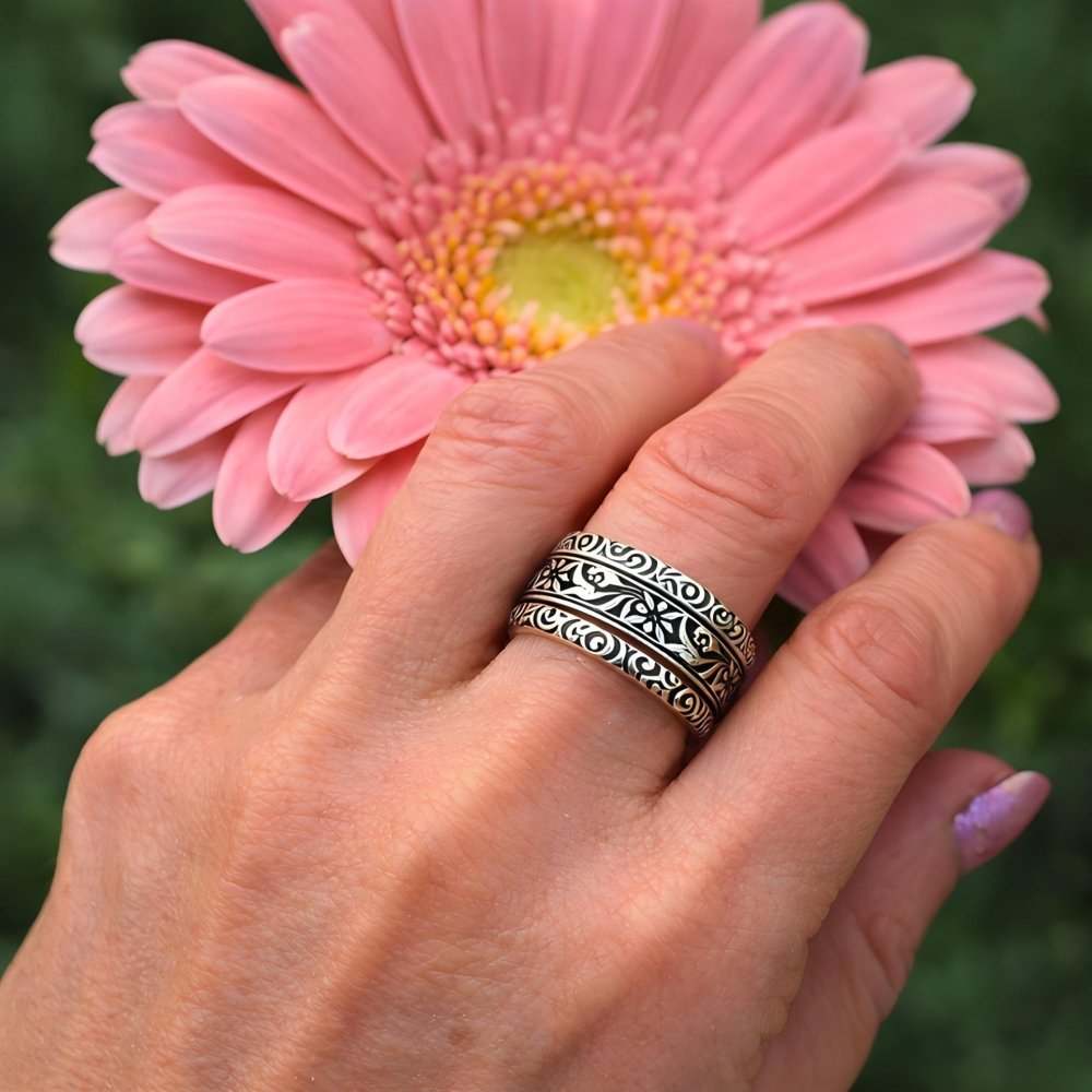 Scroll Work Silver Band Stacking Ring - 