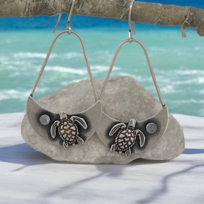 Sea Turtle Aquamarine Silver Earrings - 