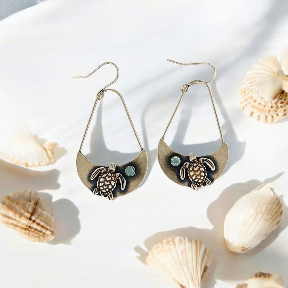 Sea Turtle Aquamarine Silver Earrings - 