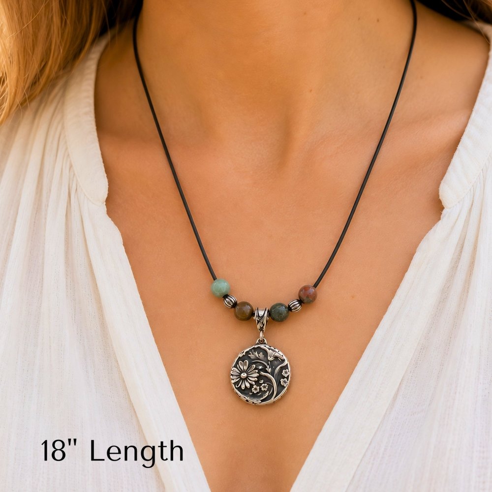 Silver Daisy Necklace – Handcrafted Agate Gemstone Boho Jewelry - 