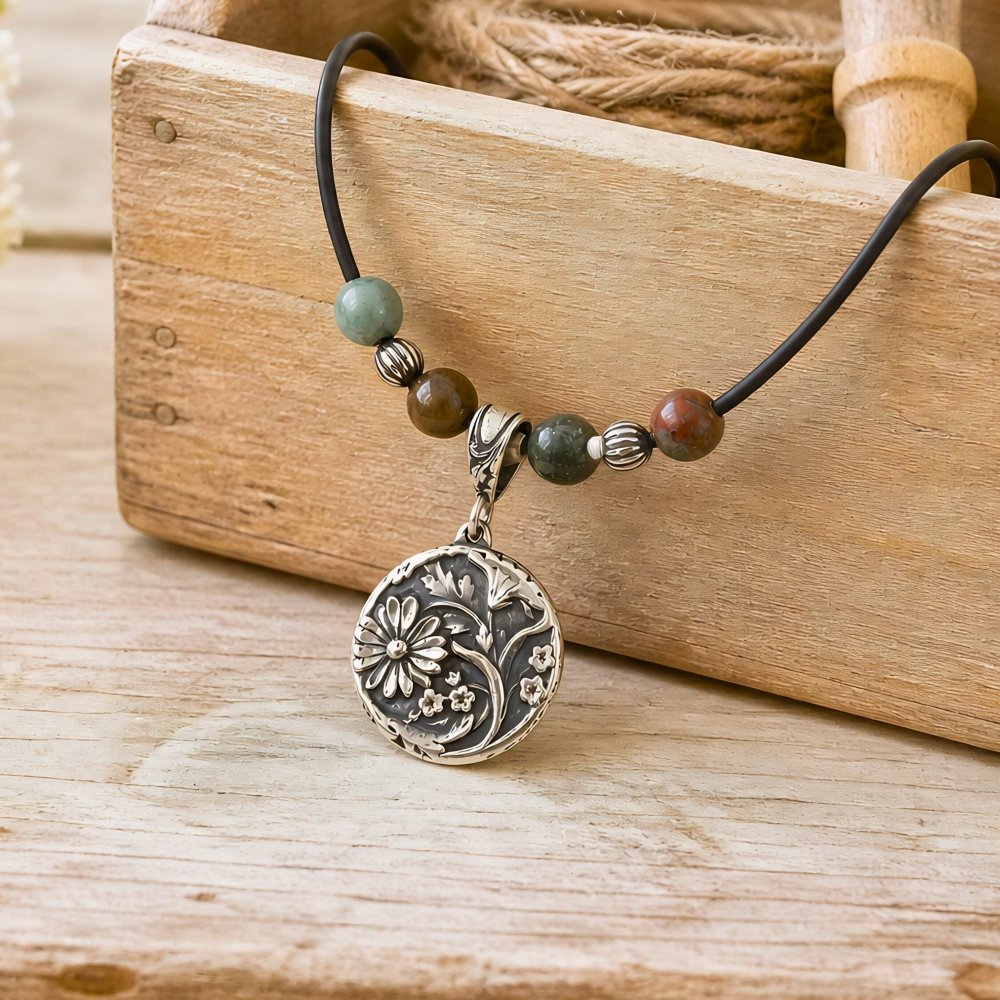 Silver Daisy Necklace – Handcrafted Agate Gemstone Boho Jewelry - 