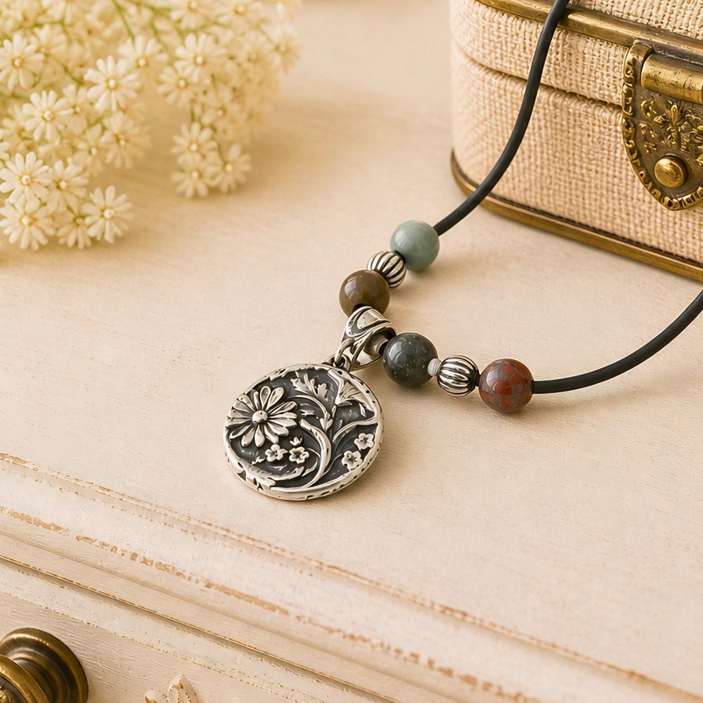 Silver Daisy Necklace – Handcrafted Agate Gemstone Boho Jewelry - 