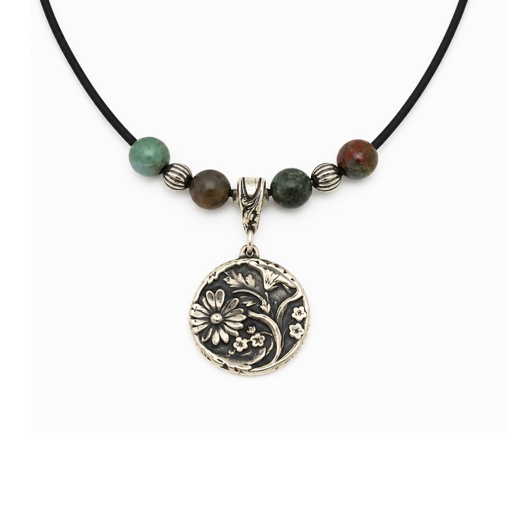 Silver Daisy Necklace – Handcrafted Agate Gemstone Boho Jewelry - 