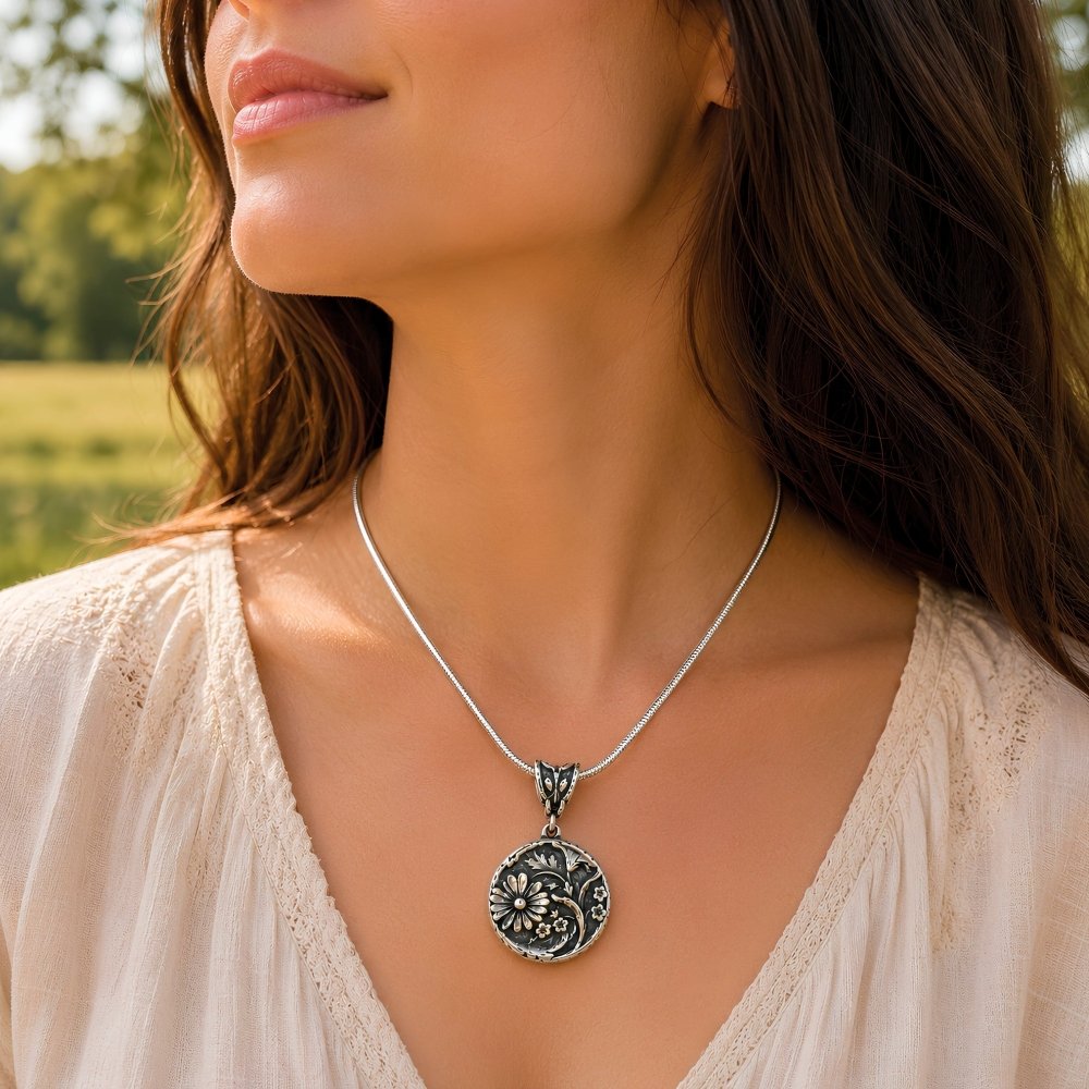 Silver Daisy Necklace – Handcrafted Agate Gemstone Boho Jewelry - 