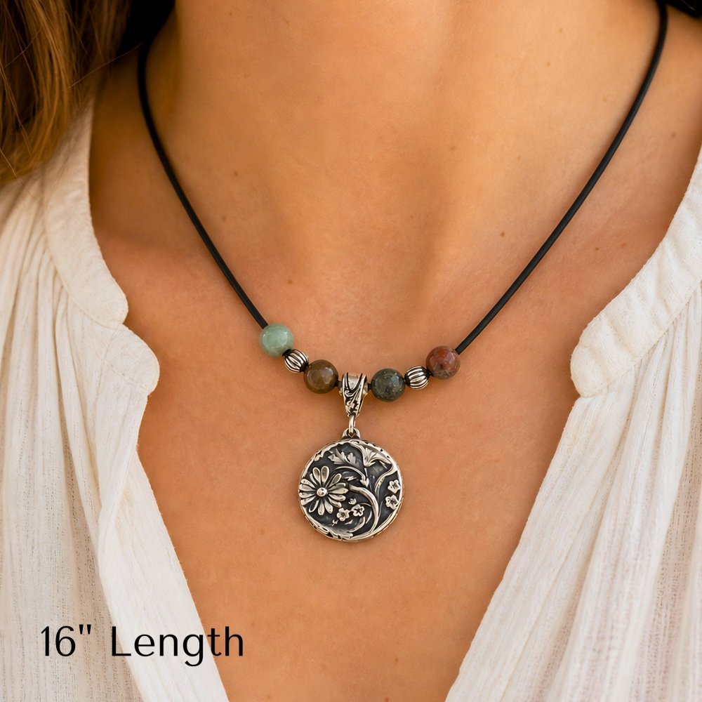 Silver Daisy Necklace – Handcrafted Agate Gemstone Boho Jewelry - 