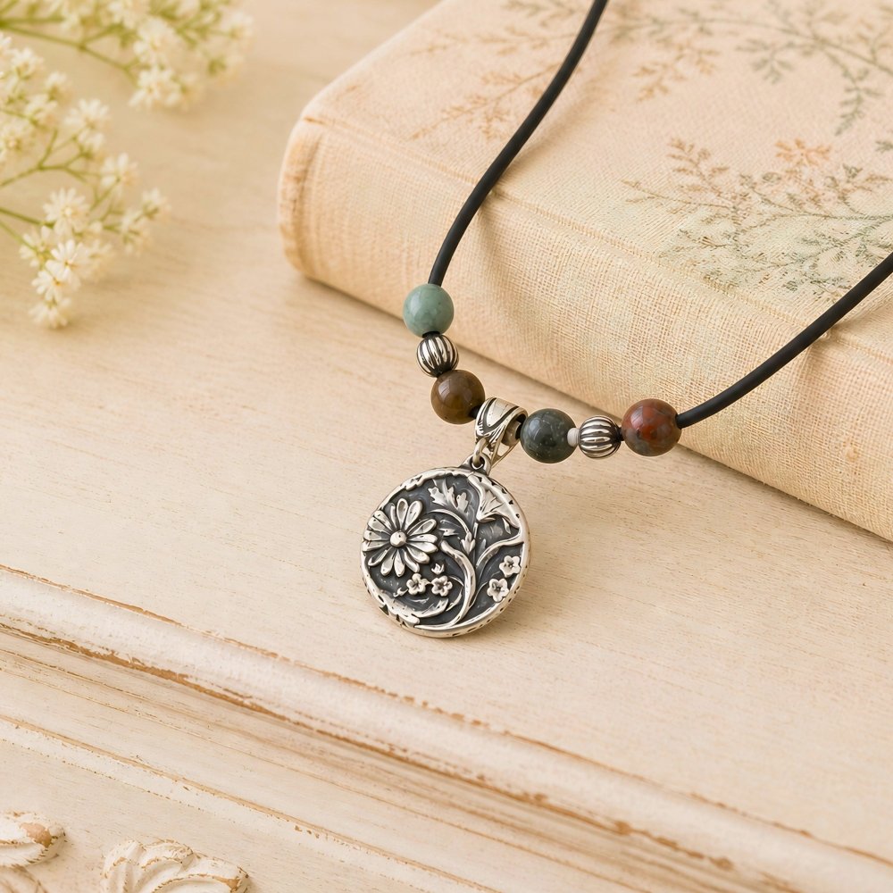 Silver Daisy Necklace – Handcrafted Agate Gemstone Boho Jewelry - 