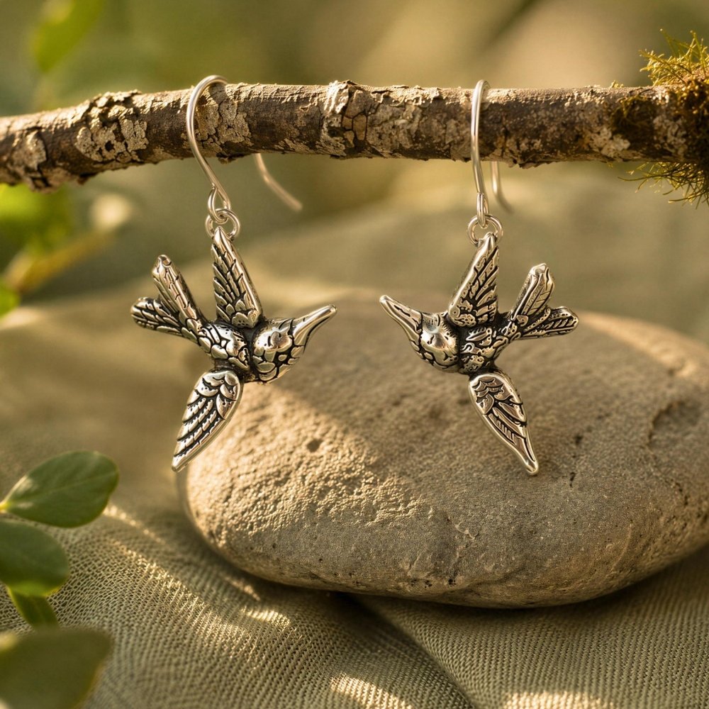 Silver Hummingbird Earrings – Vintage Dangle Design Bird Lover Gift - 