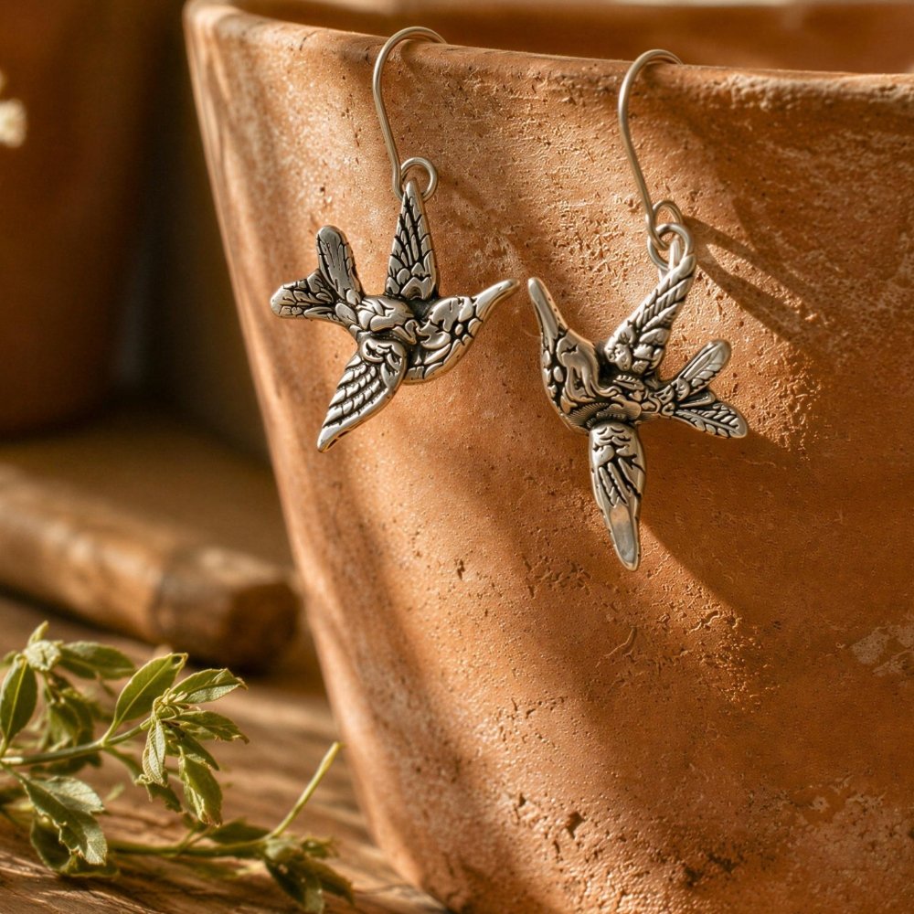 Silver Hummingbird Earrings – Vintage Dangle Design Bird Lover Gift - 