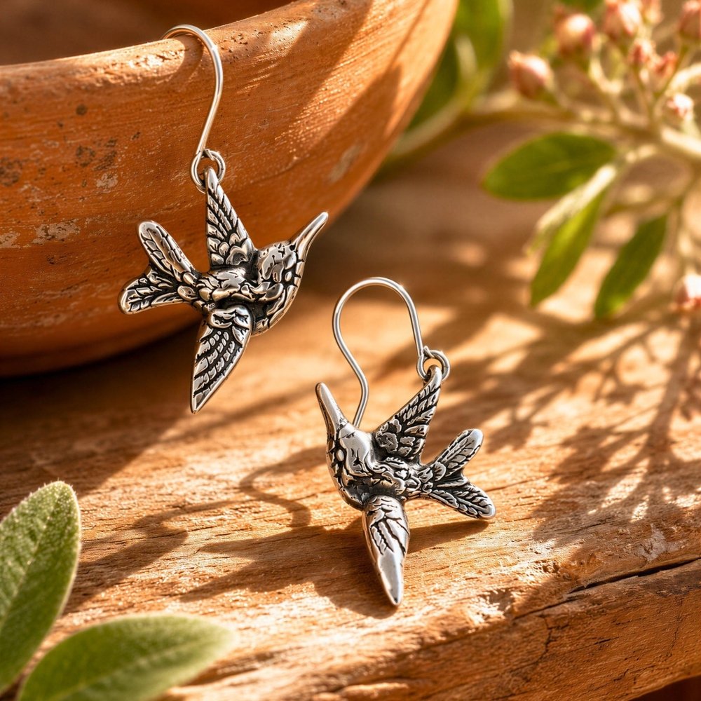 Silver Hummingbird Earrings – Vintage Dangle Design Bird Lover Gift - 