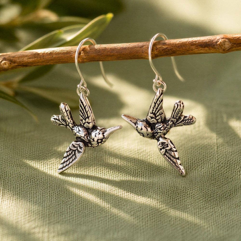 Silver Hummingbird Earrings – Vintage Dangle Design Bird Lover Gift - 
