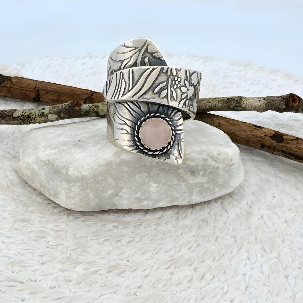 Silver Rose Quartz Adjustable Wrap Ring - 