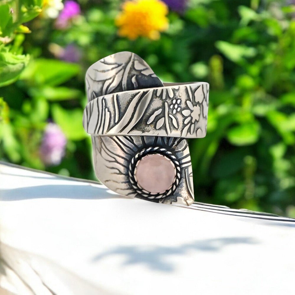 Silver Rose Quartz Adjustable Wrap Ring - 