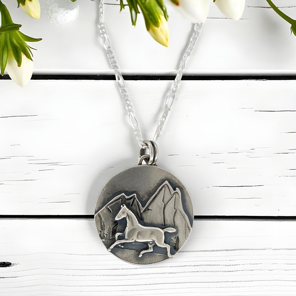 Silver Spirit Horse Mountain Pendant Necklace - 