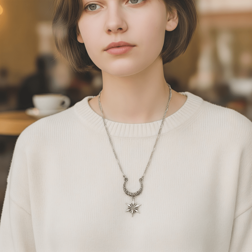 Silver Starlit Crescent Moon Necklace - 