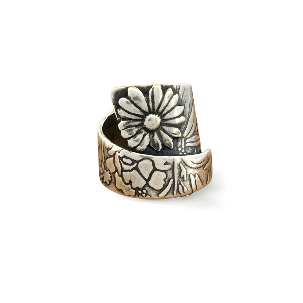 Silver Sunflower Adjustable Wrap Ring - 