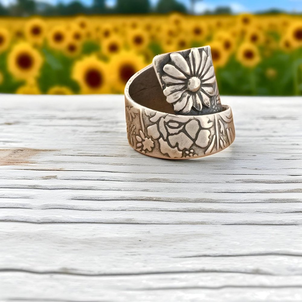 Silver Sunflower Adjustable Wrap Ring - 