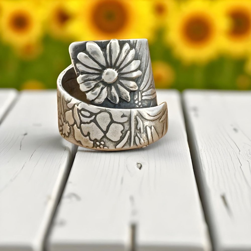 Silver Sunflower Adjustable Wrap Ring - 