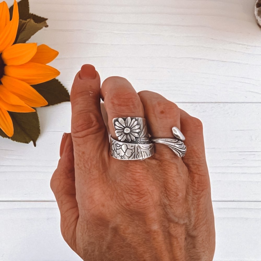 Silver Sunflower Adjustable Wrap Ring - 