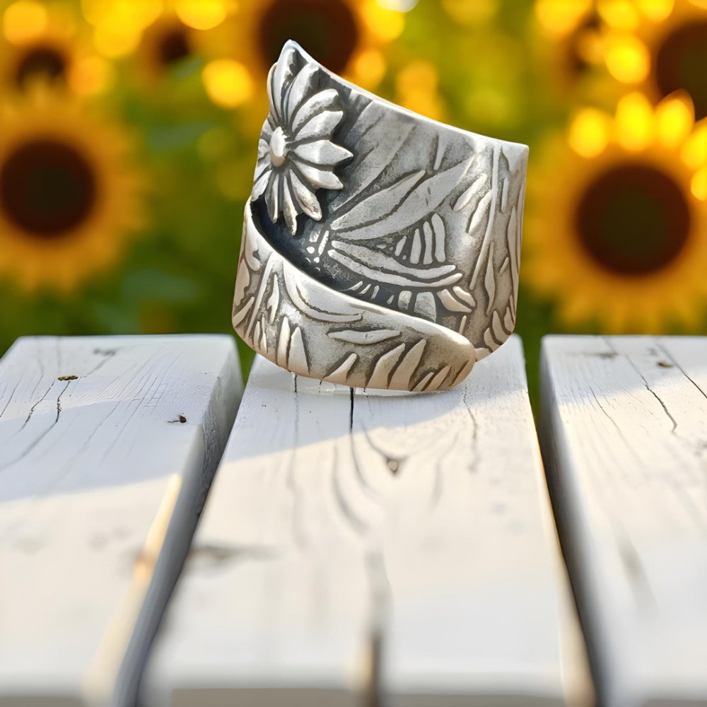 Silver Sunflower Adjustable Wrap Ring - 