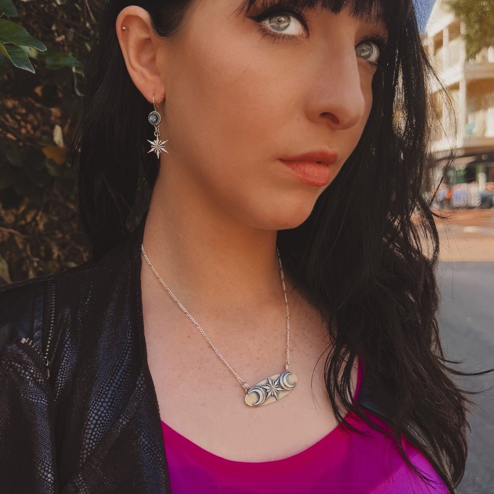 Star and Moons Silver Bar Necklace - 