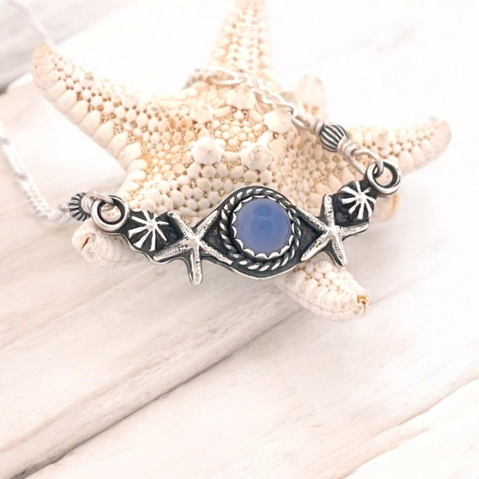 Starfish Chalcedony Silver Bar Necklace - 