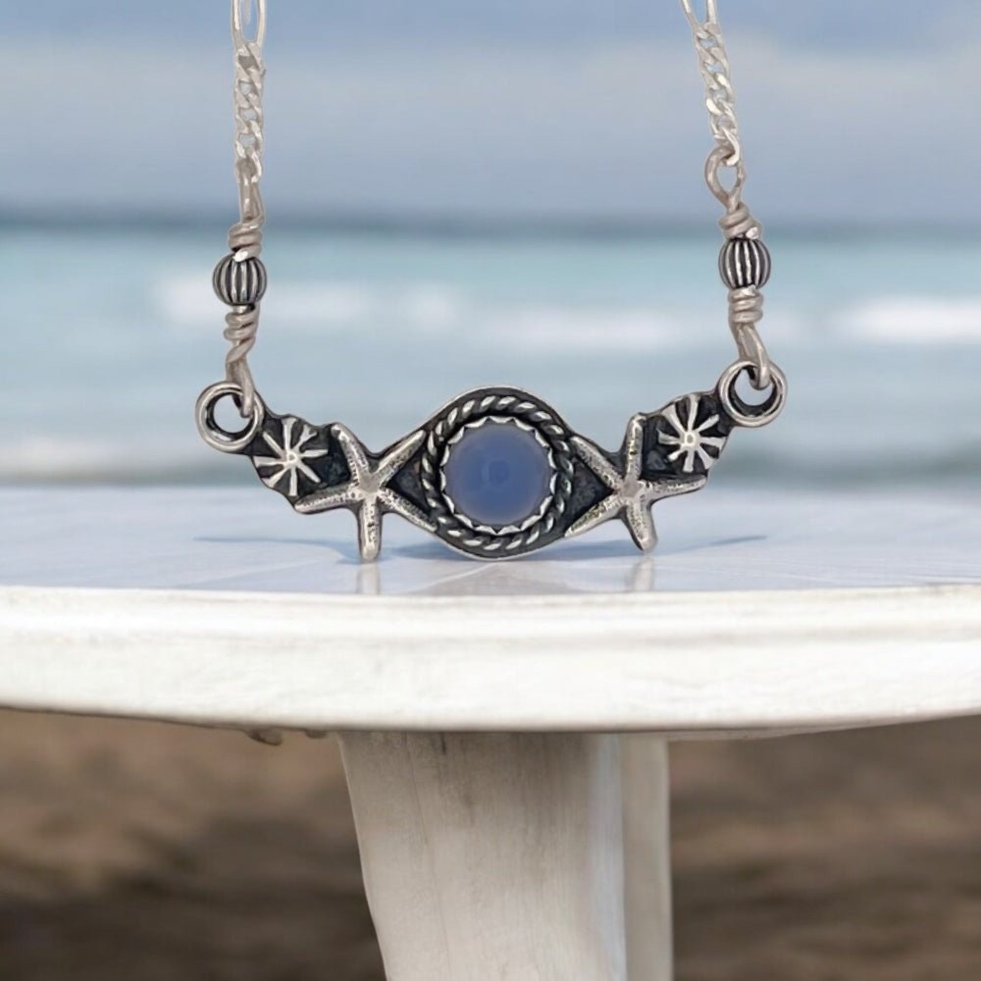 Starfish Chalcedony Silver Bar Necklace - 