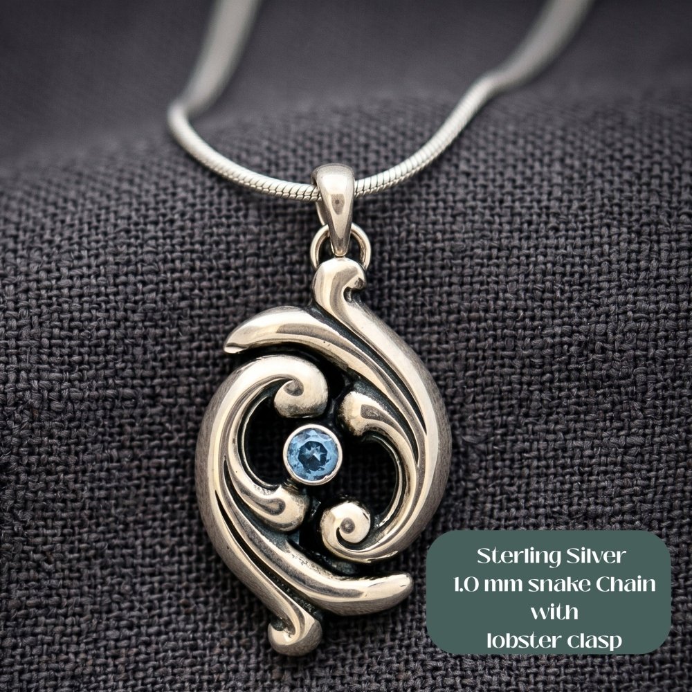 Swirling Ocean Waves Aquamarine Silver Pendant Necklace -