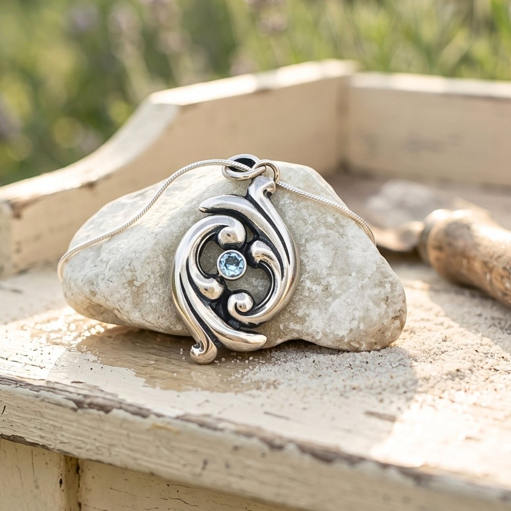 Swirling Ocean Waves Aquamarine Silver Pendant Necklace -
