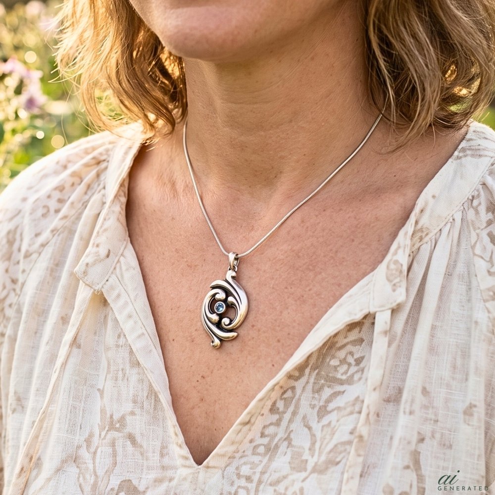 Swirling Ocean Waves Aquamarine Silver Pendant Necklace -
