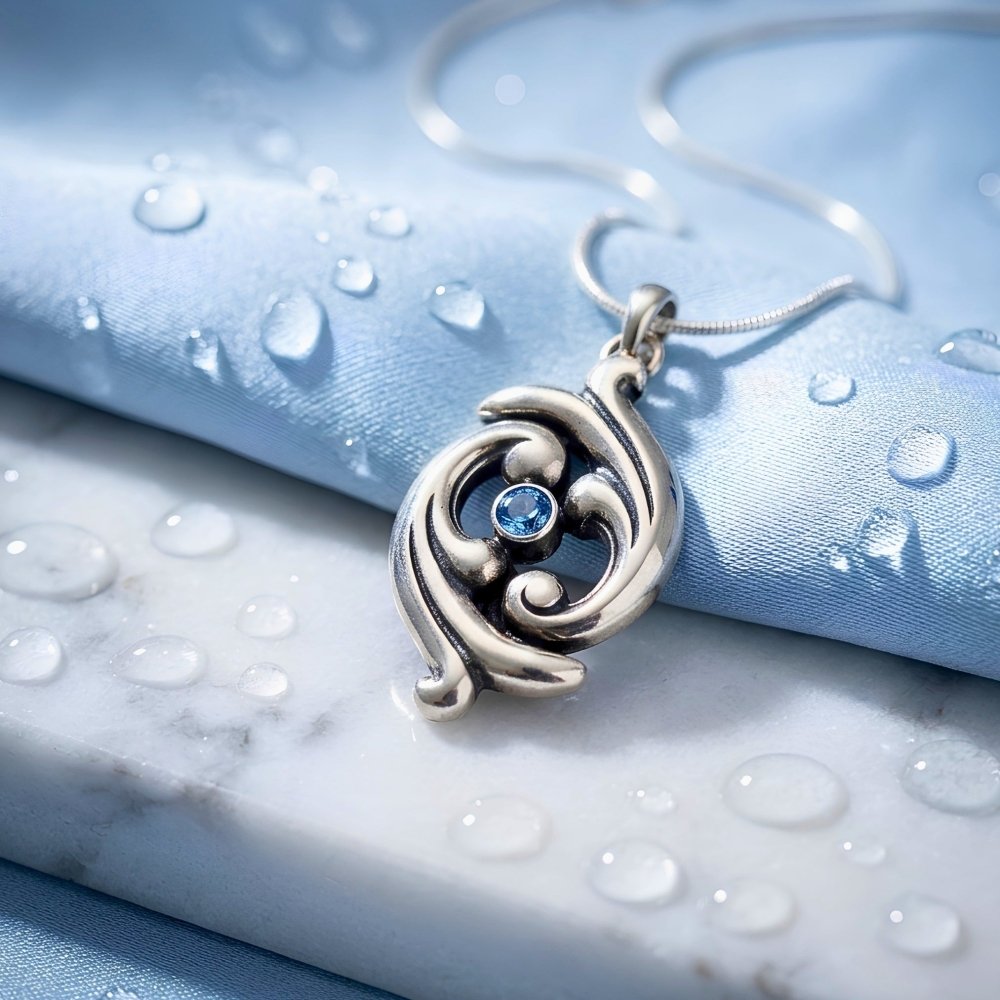 Swirling Ocean Waves Aquamarine Silver Pendant Necklace -