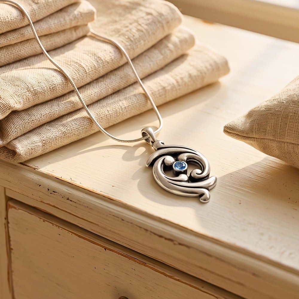 Swirling Ocean Waves Aquamarine Silver Pendant Necklace -
