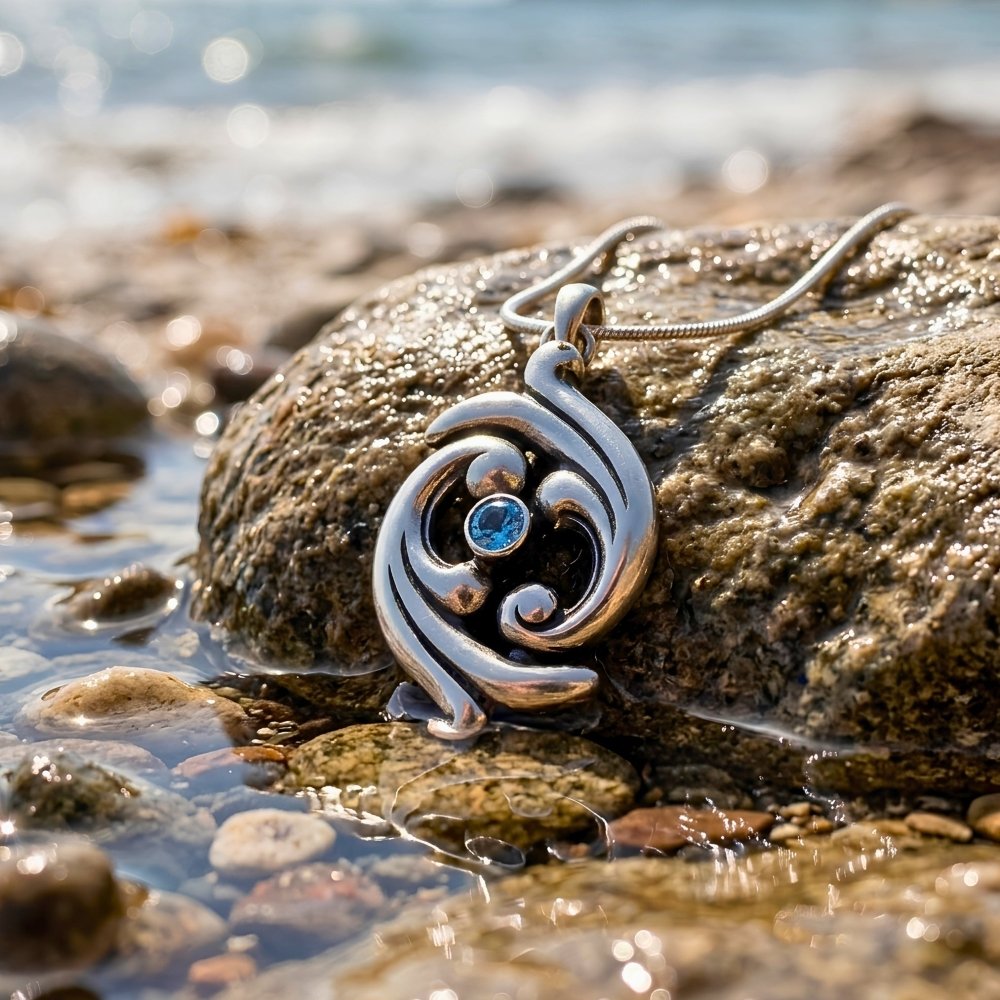 Swirling Ocean Waves Aquamarine Silver Pendant Necklace -