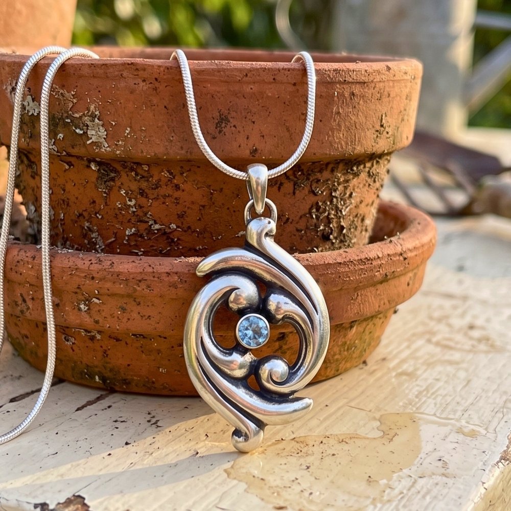 Swirling Ocean Waves Aquamarine Silver Pendant Necklace -