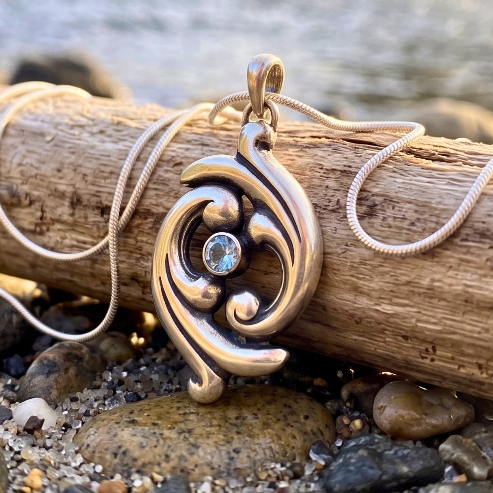 Swirling Ocean Waves Aquamarine Silver Pendant Necklace -
