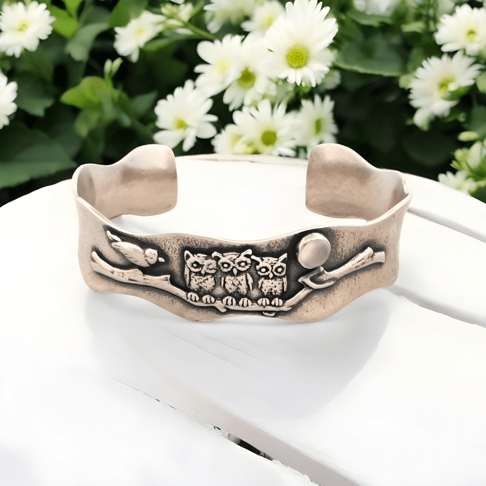 Three Wise Owls Silver Cuff Bracelet - 