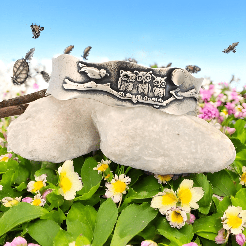 Three Wise Owls Silver Cuff Bracelet - 