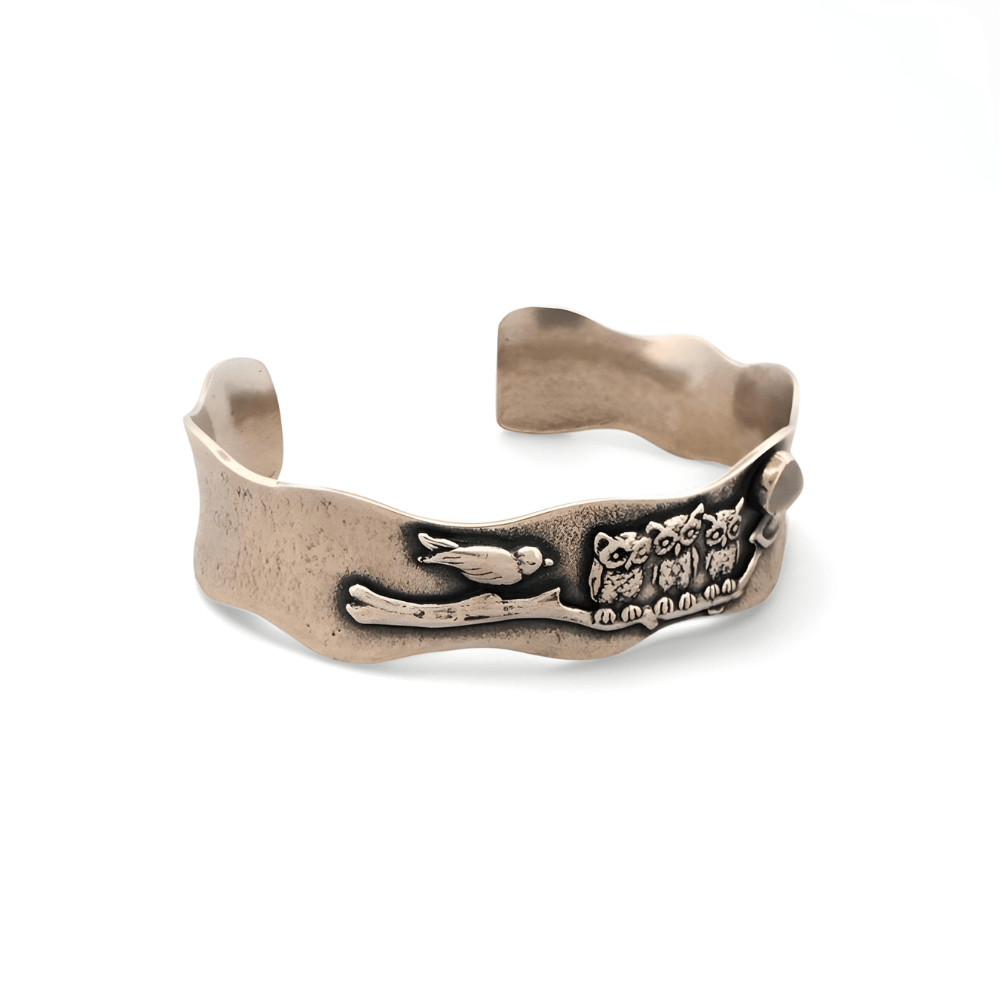 Three Wise Owls Silver Cuff Bracelet - 